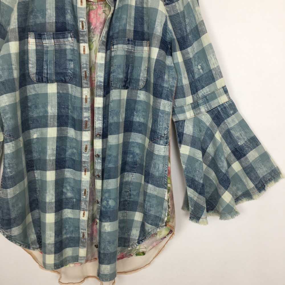 Aratta Silent Journey Plaid Chambray Floral Embroidered Button Down Top Blouse - Picture 6 of 16